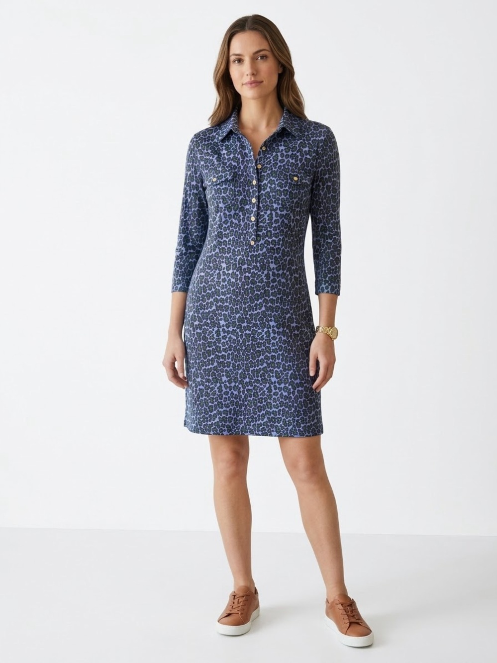 Jude Connally Sloane Shirt Dress XL Blue Animal Print 3/4 Sleeve Packable Travel